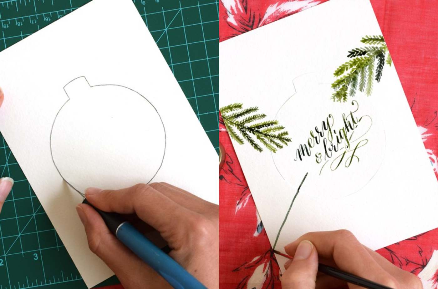 Weihnachtskarten selber malen Weihnachtsschmuck aus Papier basteln stempeln