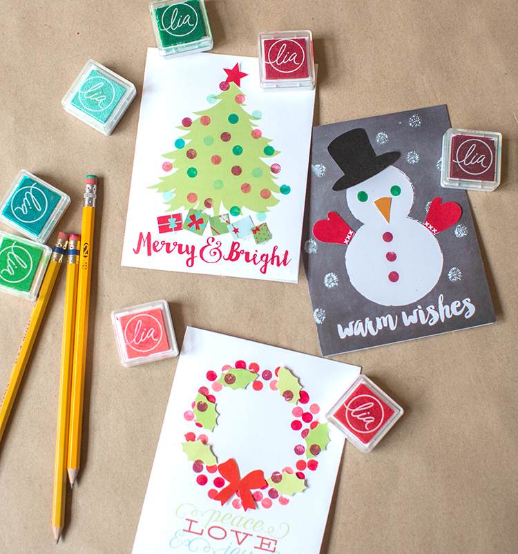 Weihnachtskarten selber malen mit Radiergummi Stempel machen Ideen