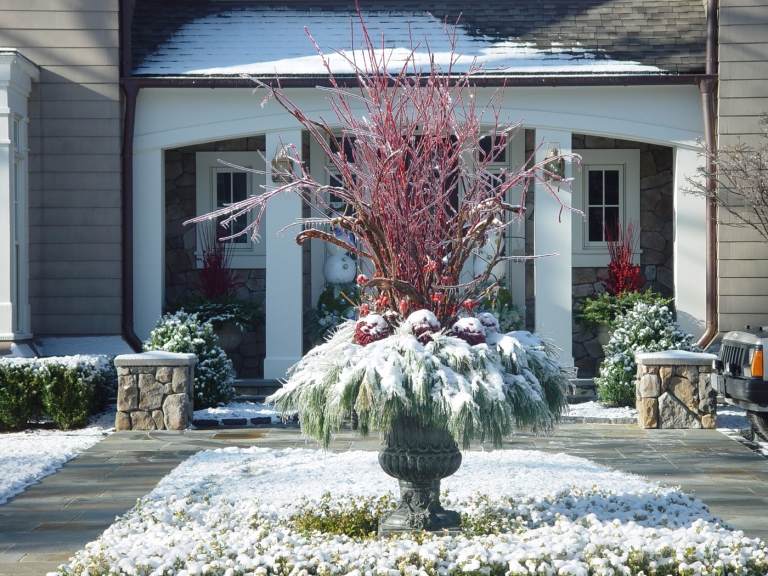 Winterdeko Garten in Amphora festliche Pflanzen Arrangements für den Outdoor Bereich
