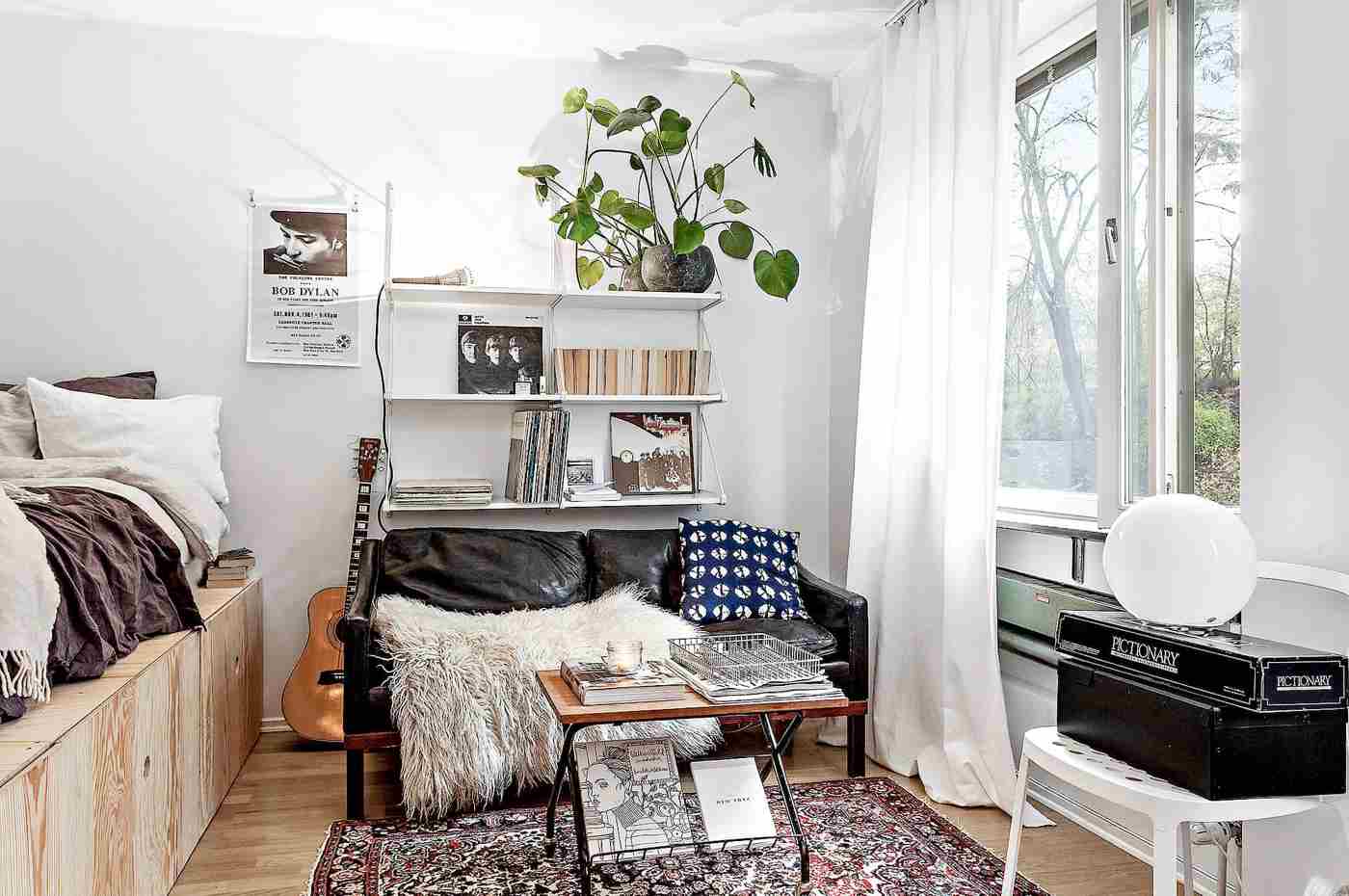 Living room bedroom combine interior design leather coach bed with storage space Vintage Kilim Wall Shelf White Hippie Single Room