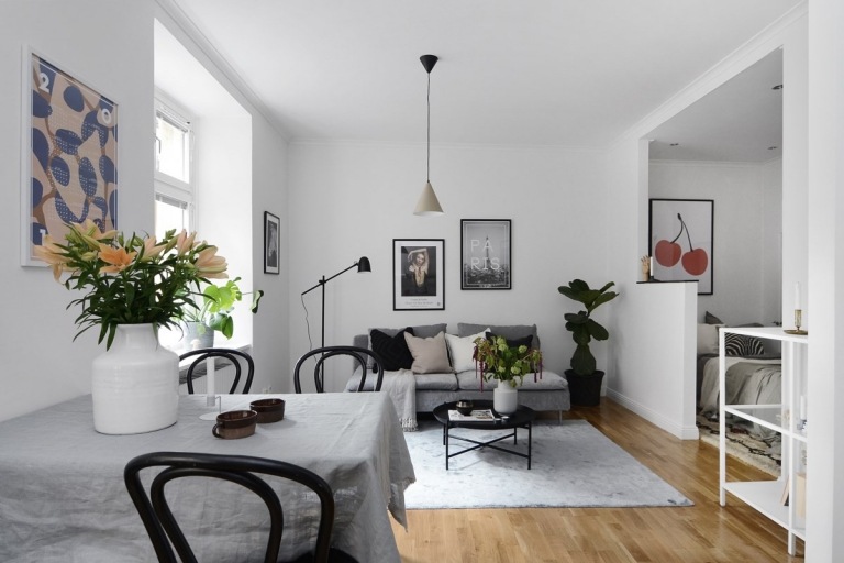 Wohn und Schlafzimmer abtrennen Ideen Trennwand halbhoch Schlafraum moderne skandinavische Einzimmerwohnung einrichten