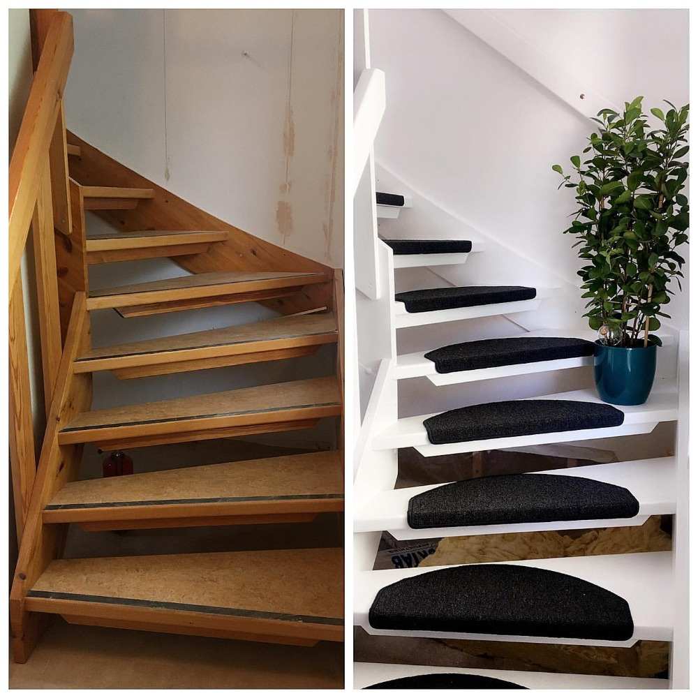 diy treppen renovieren aus alte holztreppe neue weiße treppe mit schwarzen fußmatten machen