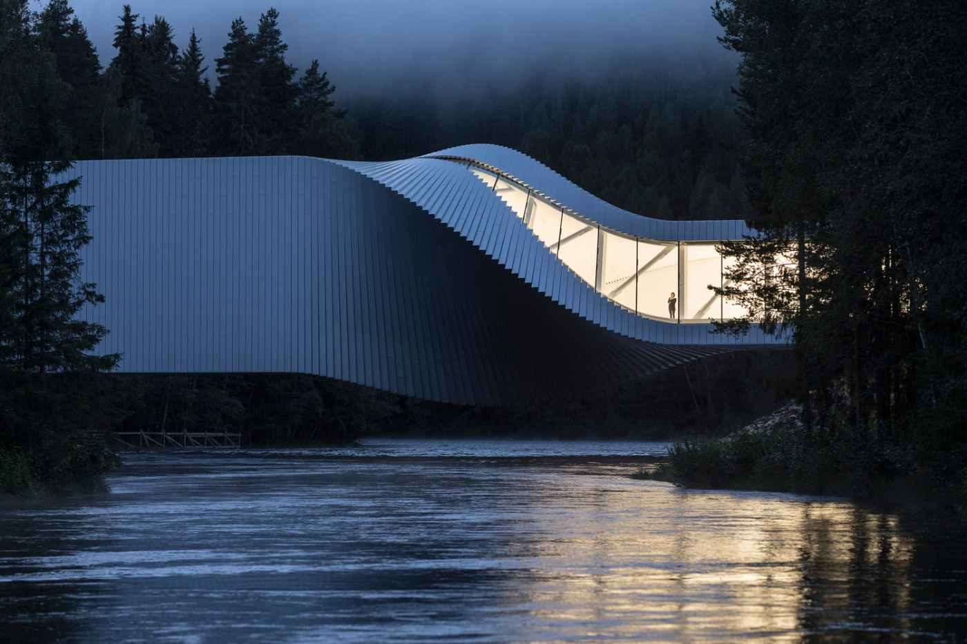 futuristic design in the middle of two swiss shores of river