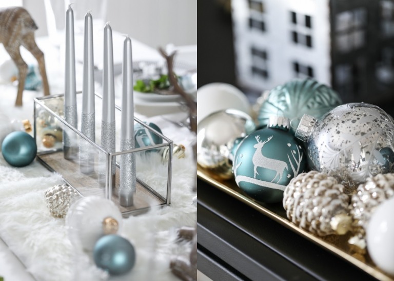 festliche Tafeldeko mit Weihnachtskugeln in Eisblau und Silber und hohe Kerzen in Kerzenhalter aus Glas Ideen für moderne Adventsgestecke