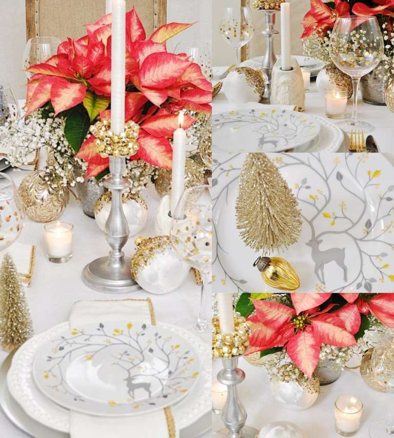 gedeckter Tisch zu Weihnachten mit echten Blumen Weihnachtsstern deko in Gold und Perlweiss und Grau