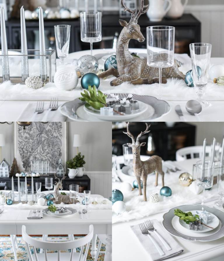 gedeckter Tisch zu Weihnachten vintage Weihnachtsdeko in Blau Silber und Weiß