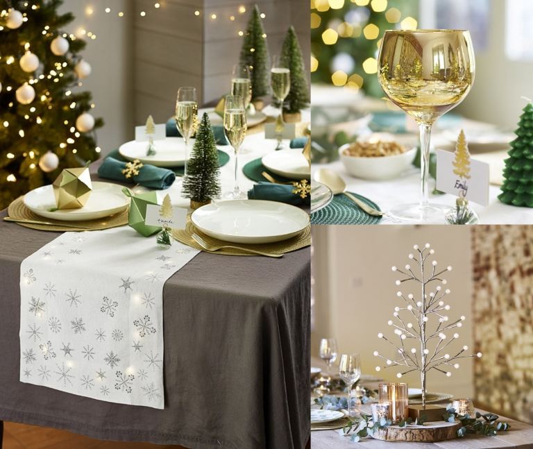gedeckter Tisch zu Weihnachtenin Gold und Grün festliche Tischdeko mit LED Lichterkette unter dem Tischläufer und LED Weihnachtsbaum