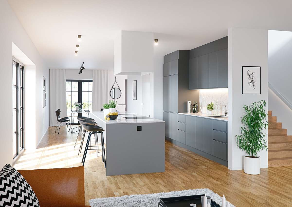 Graue Küchenschränke und moderne Kochinsel mit Sitzplätzen und Arbeitsplatte aus Marmor 