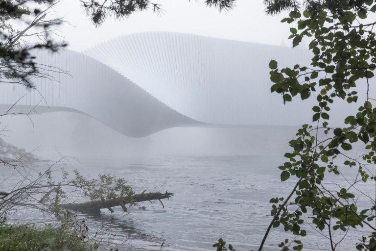minimalistische formen und design gebäude im nebel über einem fluss