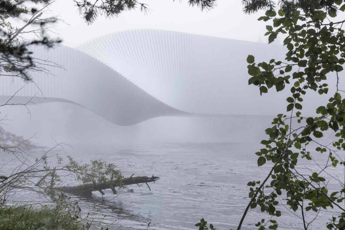 minimalistic shapes and designs built in a fog over a river