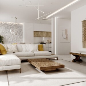 minimalistisches design im wohnzimmer im retro stil mit weißer steinwand und indirekte beleuchtung