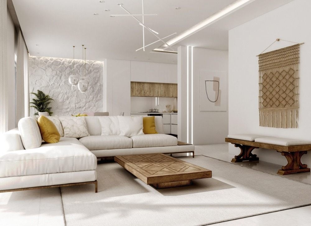 minimalistisches design im wohnzimmer im retro stil mit weißer steinwand und indirekte beleuchtung