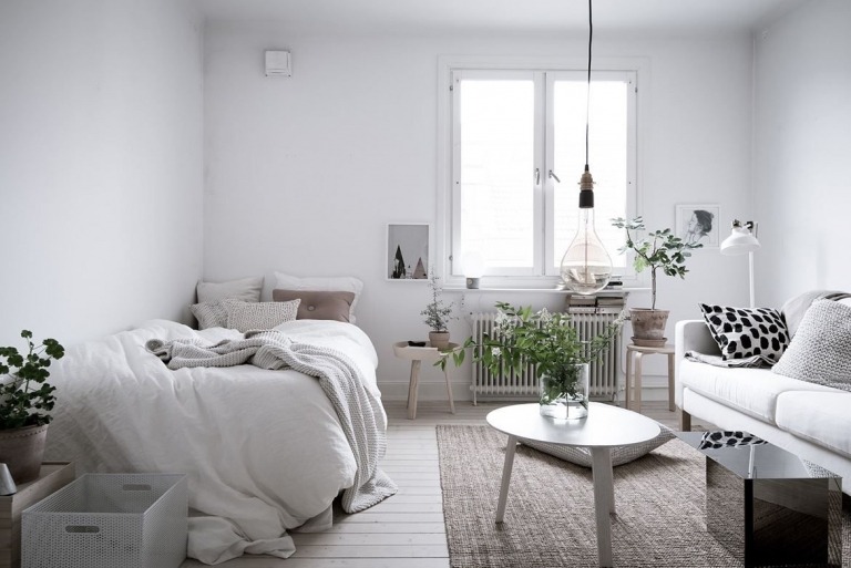 moderne Einzimmerwohnung einrichten Wohn und Schlafzimmer kombinieren Ideen