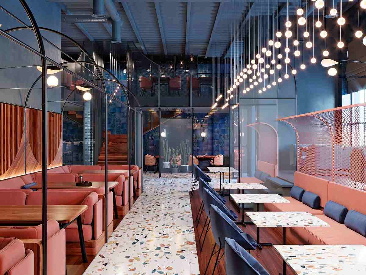 moderne innenarchitektur mit terrazzo boden und tischen als akzente im restaurant