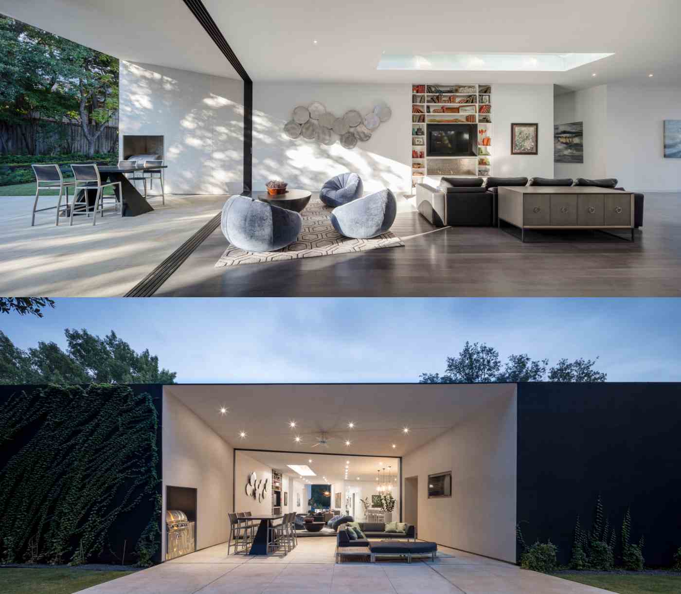 modernes Einfamilienhaus hat Wohnzimmer mit anliegender überdachten Terrasse und Dielenboden