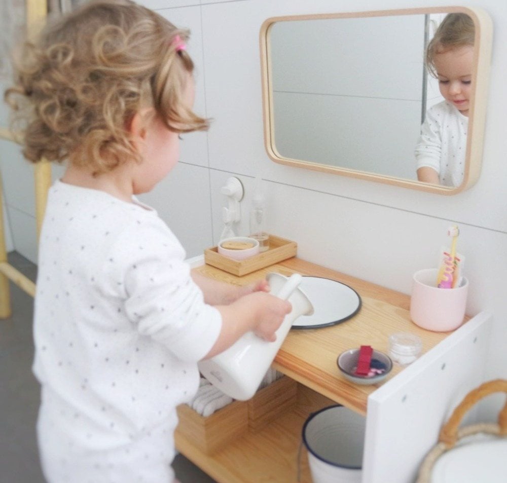montessori waschtisch selber bauen aus holz mit spiegel für kinder