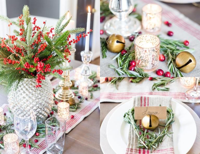 perfekt gedeckter Tisch zu Weihnachten Ideen für puristische Tafeldeko mit Hagebutte und Tannenzweigen und Servietten aus Stoff mit Landhausstil