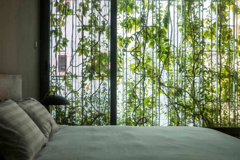 schlafzimmer mit doppelbett und aussicht auf bepflanzte hausfassade unter blätterdach