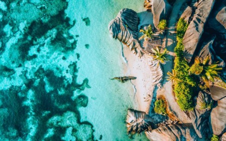 seychellen urlaub 2019 vogelansicht auf insel schöne natur mit korallenriffen und vegetation