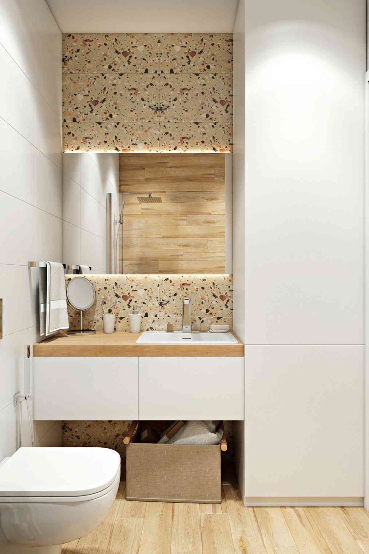 terrazzo platten rückwand im badezimmer hinter waschtisch und spiegel verlegen