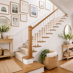 Treppenaufgang gestalten mit Bildern, Spiegeln, Farben und Licht