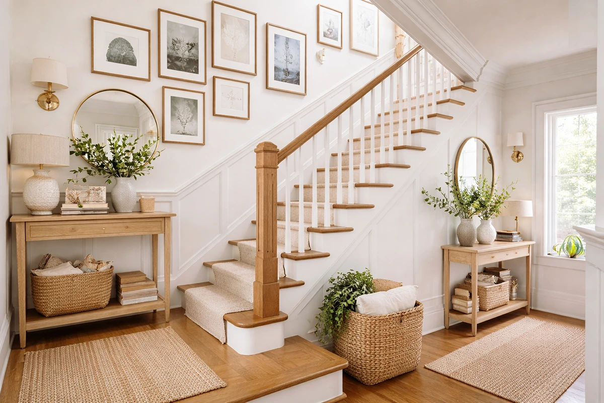 Treppenaufgang gestalten mit Bildern, Spiegeln, Farben und Licht