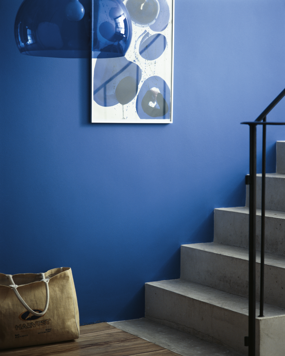 treppenaufgang wand gestalten in blau mit betontreppen und kunst