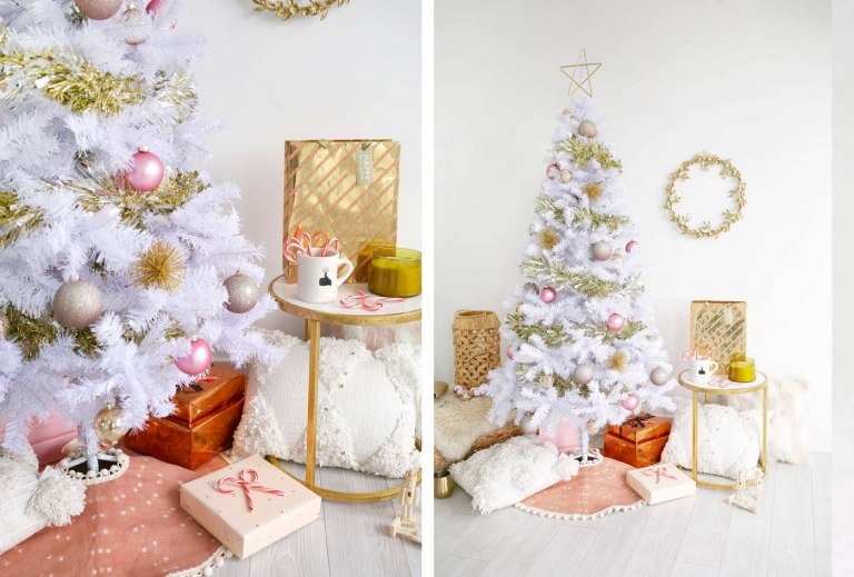 weißer Weihnachtsbaum schmücken Trends rosa und gold kombinieren