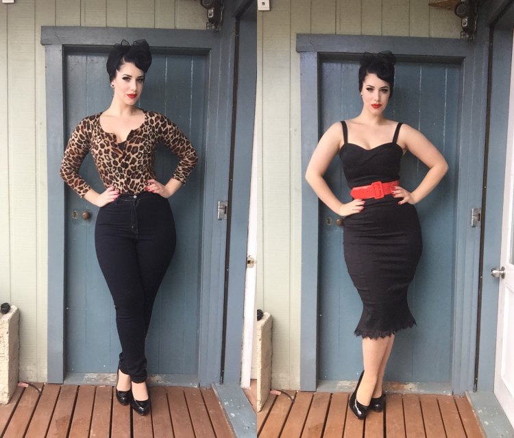 50er Jahre Mottoparty Outfit Ideen für Frauen schwarzer Bleistiftrock und enger Top und roter Gürtel oder Bluse mit Tierprints und schwarze Jeans