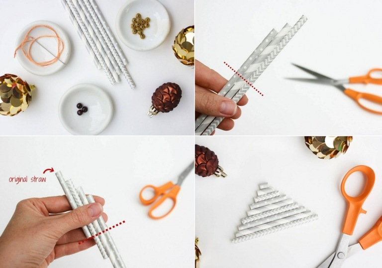Bastelanleitung mit Röllchen aus dünnem Bastelpapier und weihnachtlichem Muster