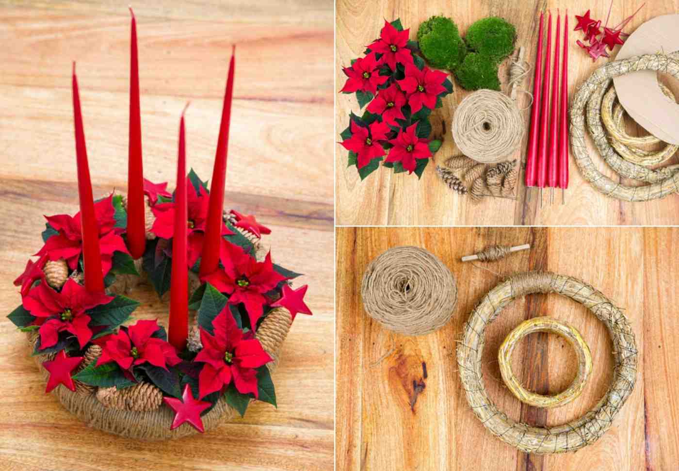 DIY Adventskranz mit Weihnachtssternen in Rot und Kränzen aus Stroh