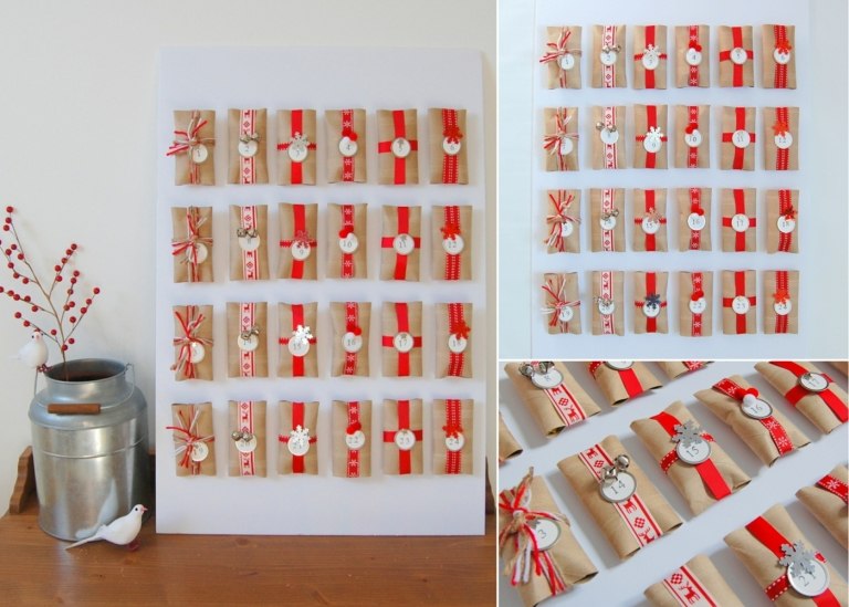 DIY Kalender für die Adventszeit in Rot-Weiß mit Bändern und Dekorationen