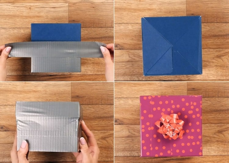 Gewitzte Verpackung aus Klebeband für Geschenke zu Weihnachten oder zum Geburtstag