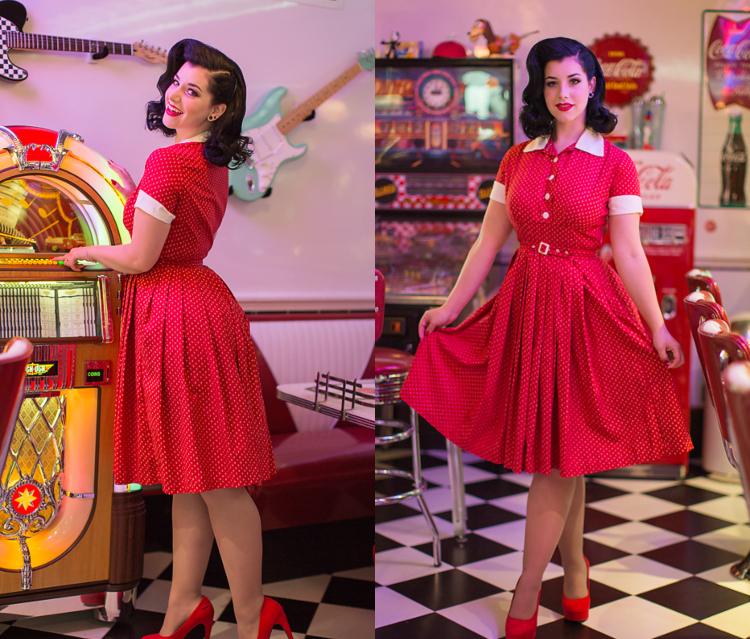 Mottoparty 50er Jahre Kostüm Ideen für Frauen Silvester mit rotem Rockabilly Kleid mit Pünktchen