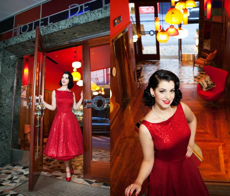 Mottoparty Retro 50er Jahre zu Silvester organisieren rotes Rockabilly Abendkleid mit Pailletten