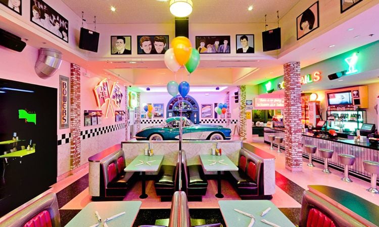 Rock n Roll 50er Jahre Mottoparty Deko Idee Restaurant bunt und festlich mit Postern dekorieren