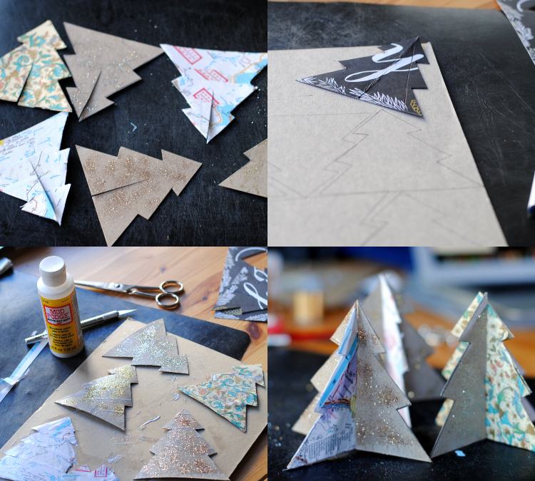 Tannenbaum Papier basteln Ideen mit Verpackungspapier dekorieren Mini Weihnachtsbaum für die Weihnachtstafel selber machen