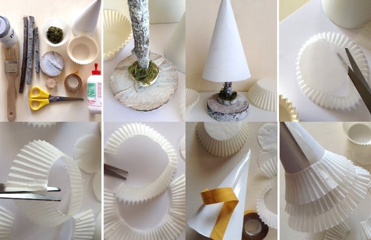 Tannenbaum Papier basteln Mini Weihnachtsbaum aus Kaffeefilter selber machen Anleitung an Baumstamm Platte festkleben