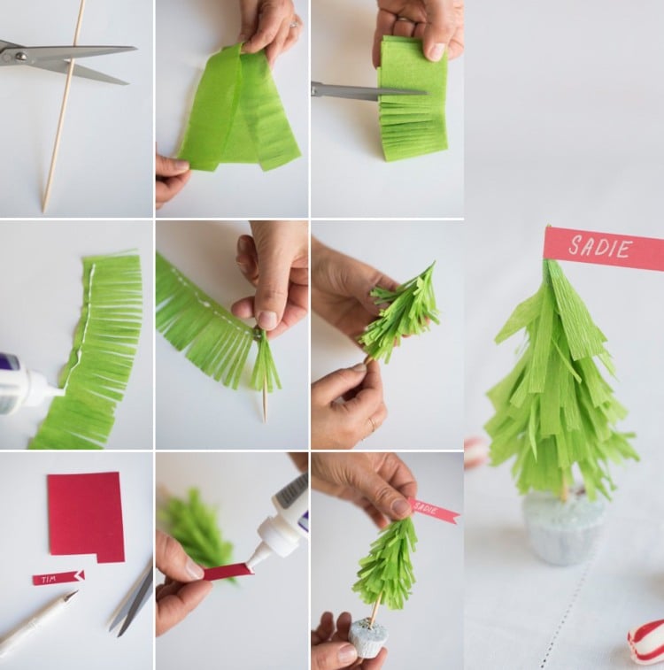 Tannenbaum Papier basteln Seidenpapier selber machen Ideen für festliche Tischdeko Platzkarten selbst gestalten