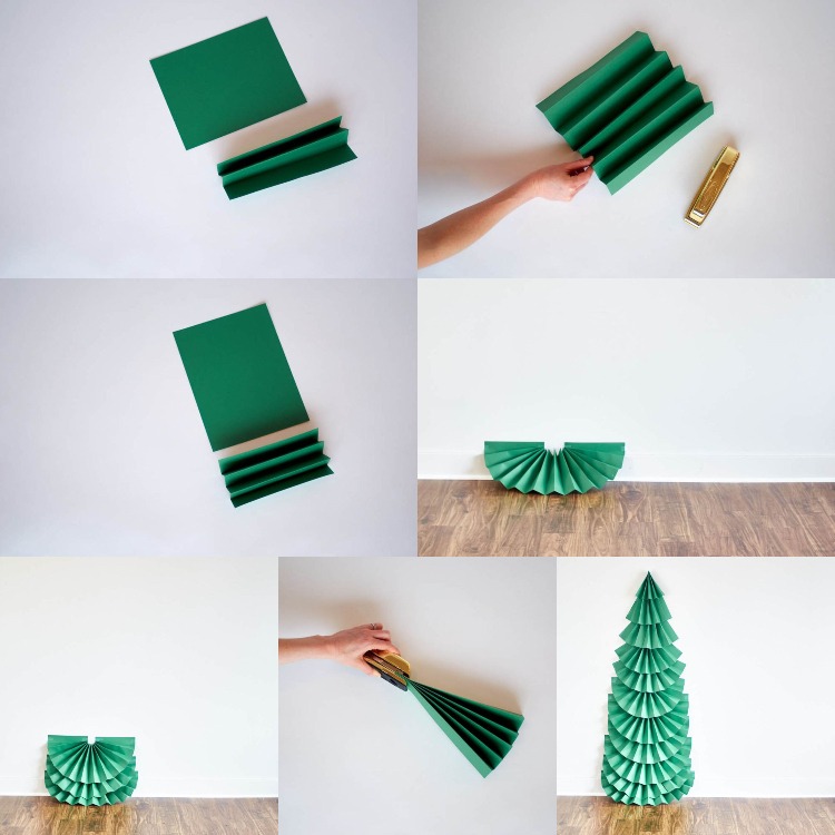 Tannenbaum Papier basteln an der Wand festkleben Anleitung für großen Weihnachtsbaum