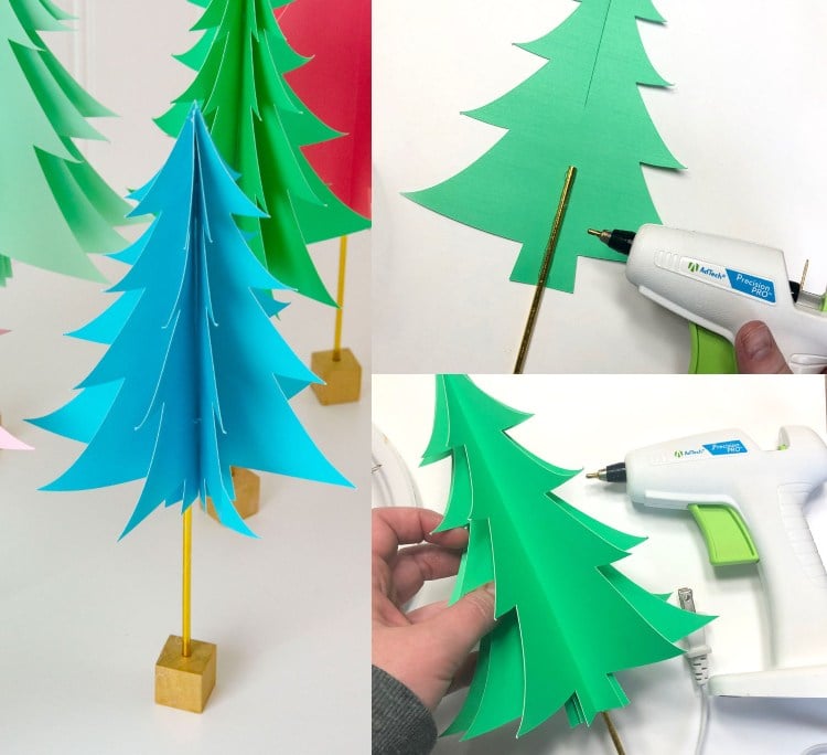 Tannenbaum Papier basteln auf Schaschlik Spieß festkleben Ideen für mini Weihnachtsbaum