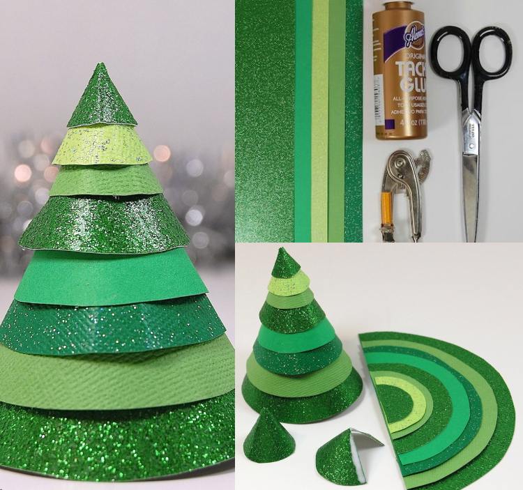 Tannenbaum Papier basteln mit Verpackungspapierresten dekorieren und festkleben Bastelideen für Kinder in Grundschule
