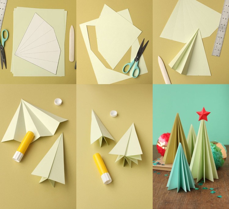 Tannenbaum Papier falten DIY Anleitung aus Tonkarton Mini Weihnachtsbaum falten