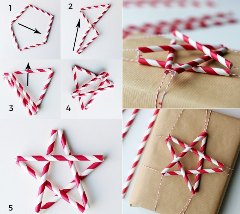 Weihnachstgeschenke verpacken und mit einem Stern aus Papierröllchen schmücken