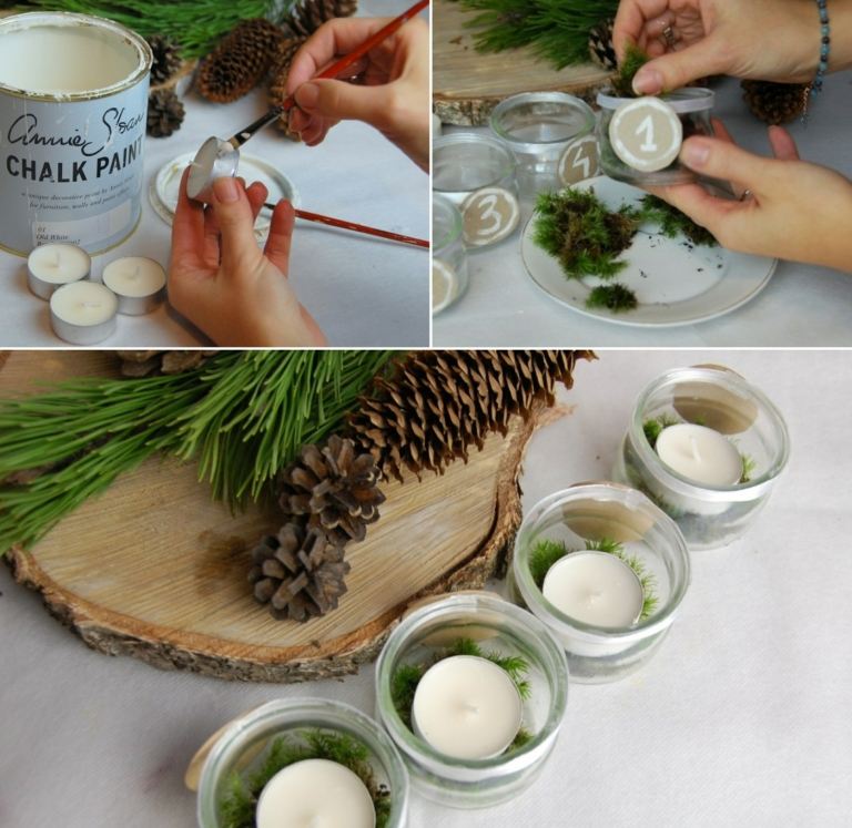 Weihnachtlichen Adventskränze selber gestalten mit Teelichtern und Holzscheibe