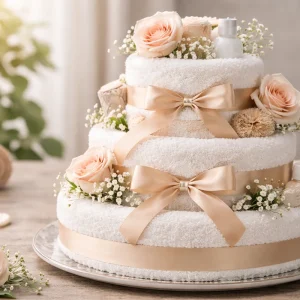 Handtuch als Geschenk verpacken in einer Torte mit Blumen