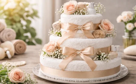 Handtuch als Geschenk verpacken in einer Torte mit Blumen