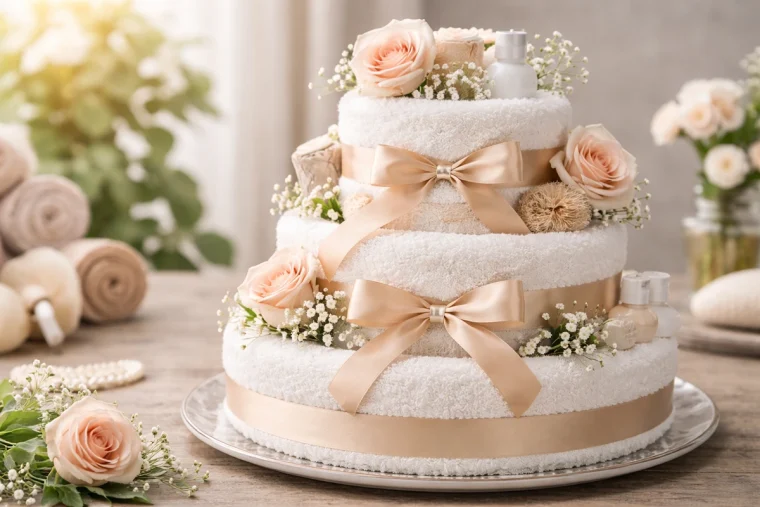 Handtuch als Geschenk verpacken in einer Torte mit Blumen