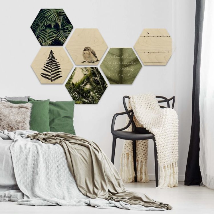 moderne Wandbilder fürs Schlafzimmer Hexagon Format Blätter- und Vogelmotive