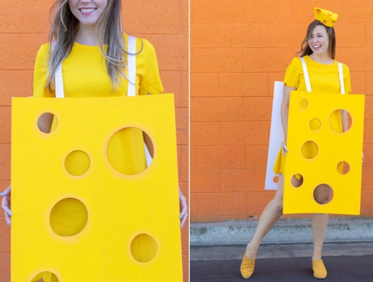 Einfache Käse Karnevalskostüme selber machen mit Karton, Steckschaum und gelber Farbe